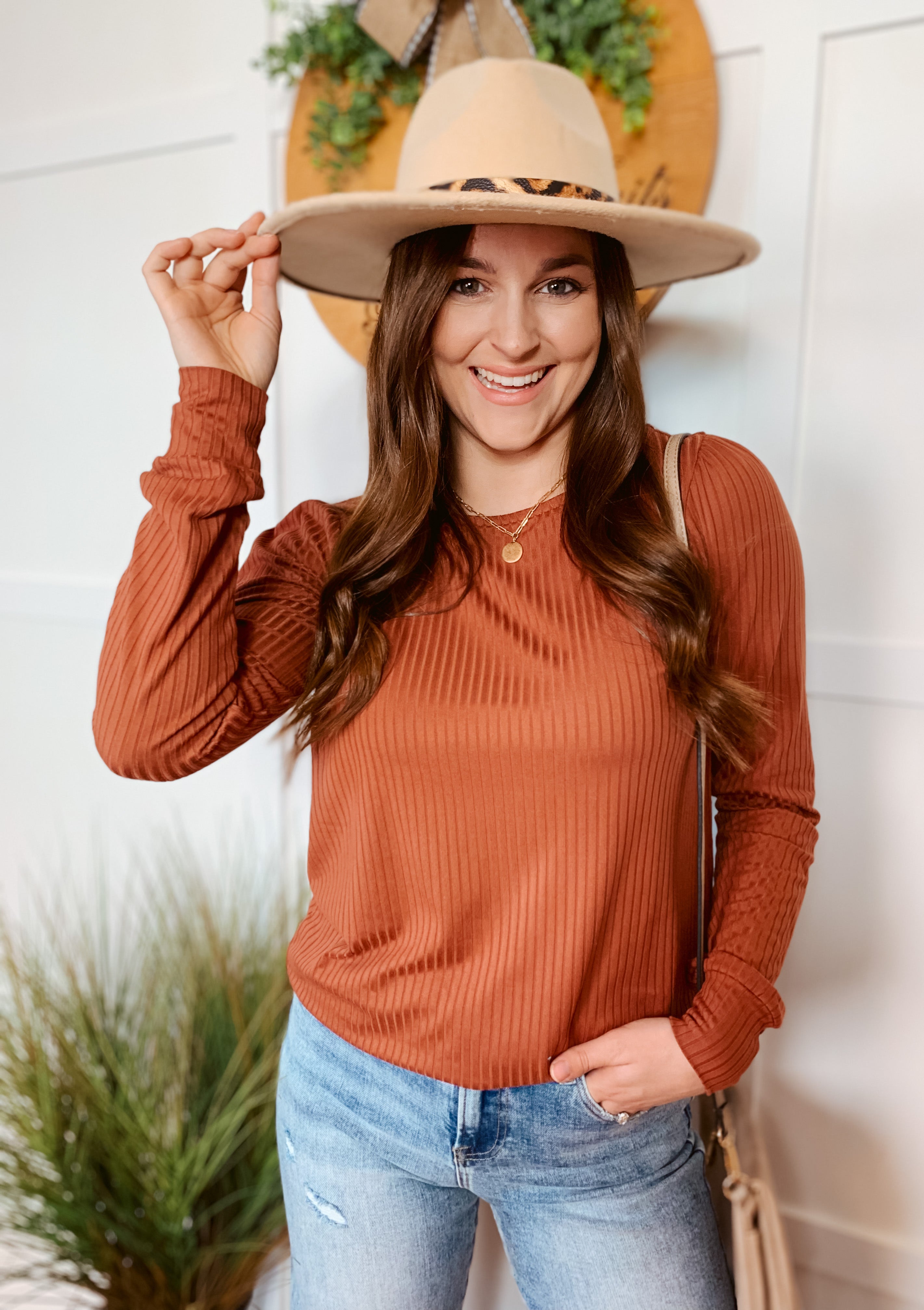 Brick ribbed long sleeve top