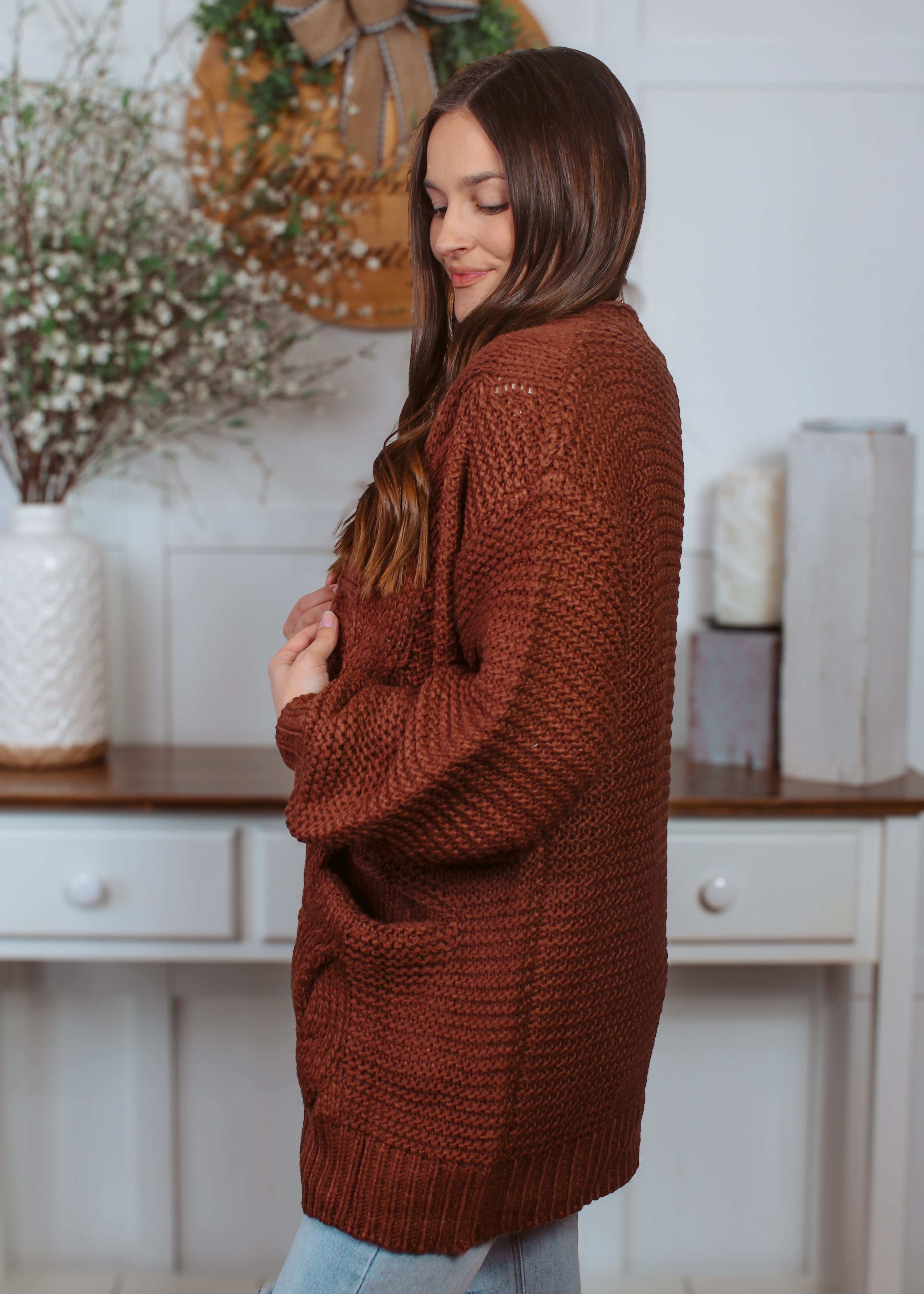 Happiness Trails Boutique - Brown chunky cable knit cardigan