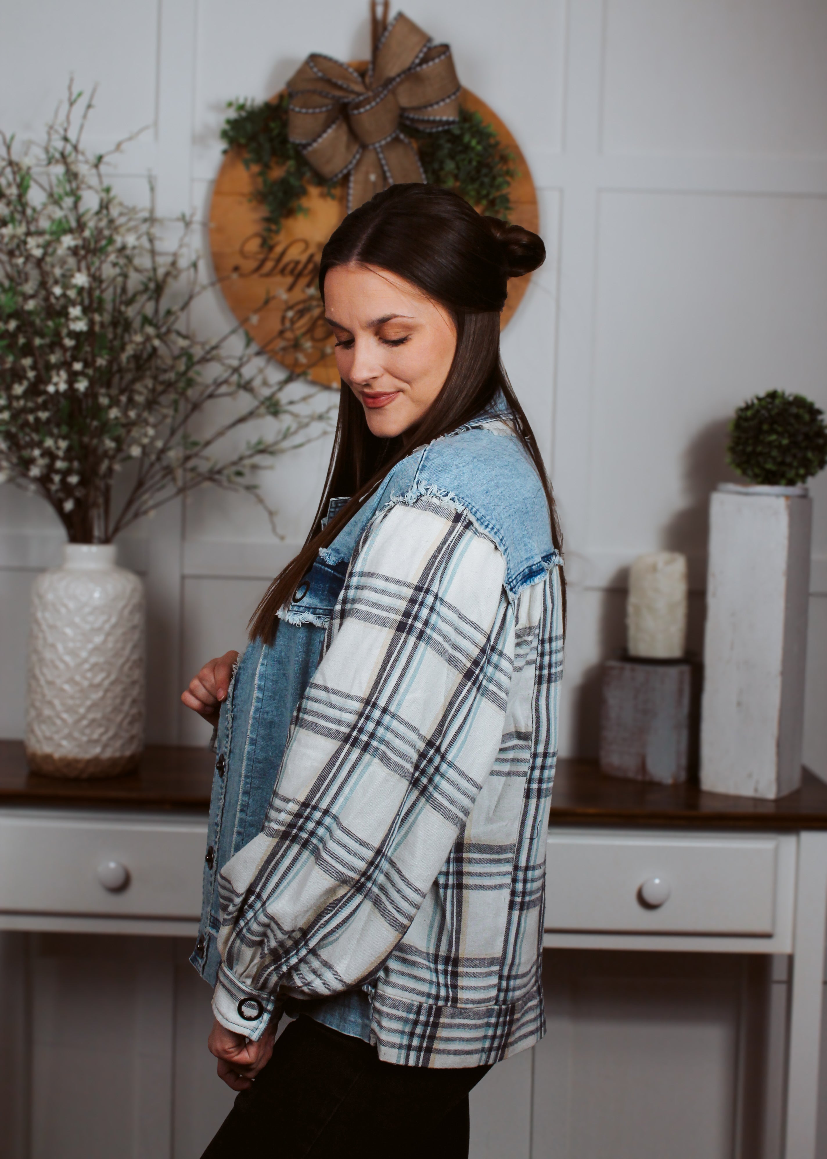 Happiness Trails Boutique - Plaid Mix Matched Washed Denim Jacket