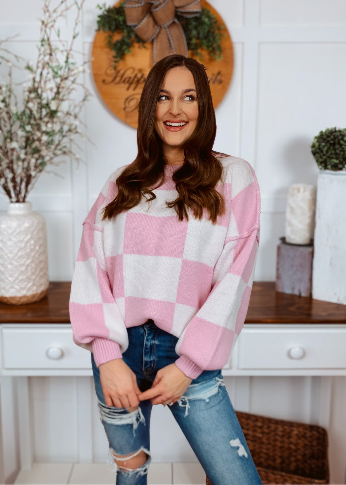 Happiness Trails Boutique - White Pink Checkered Sweater