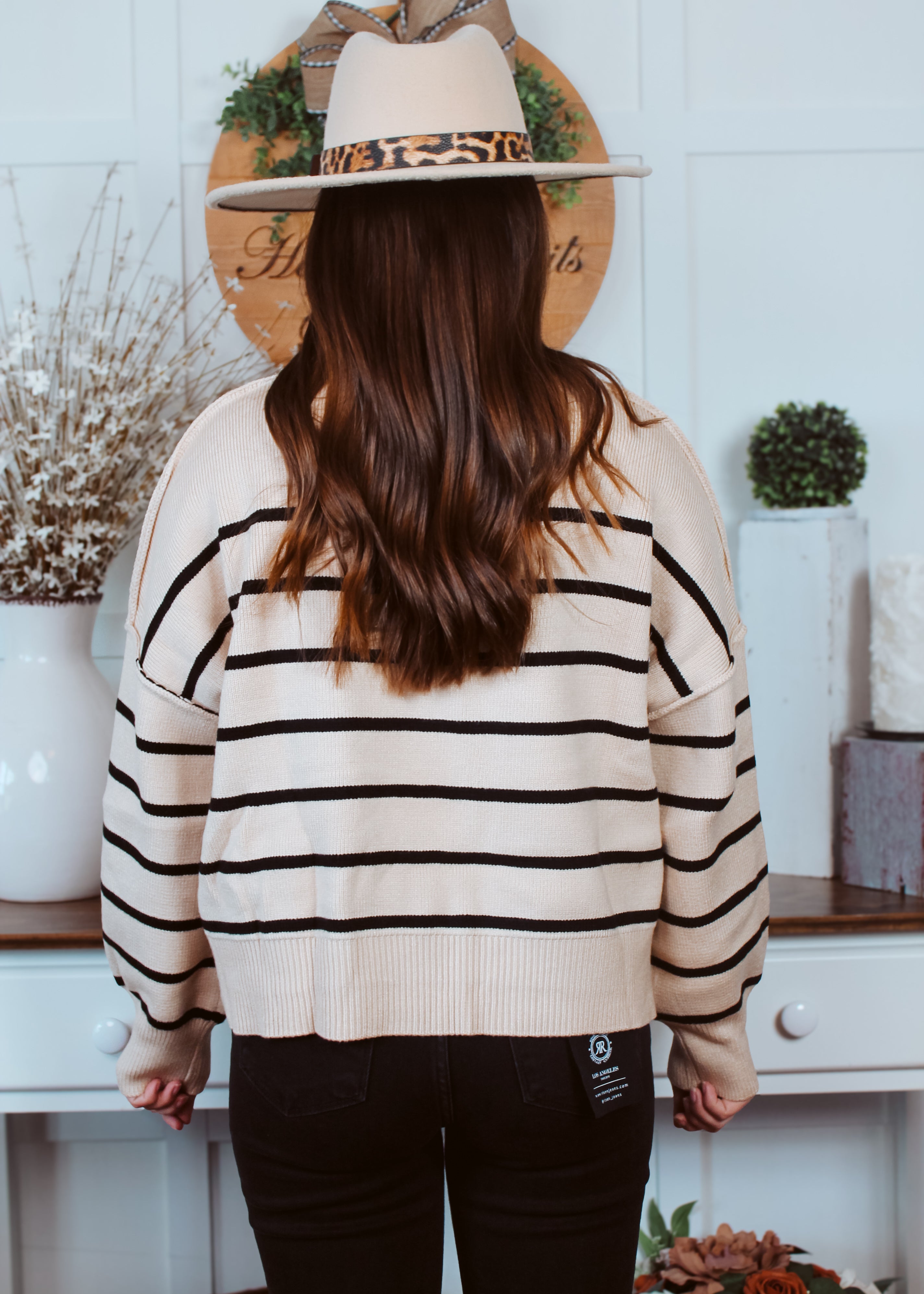 Happiness Trails Boutique - Taupe with black stripes sweater