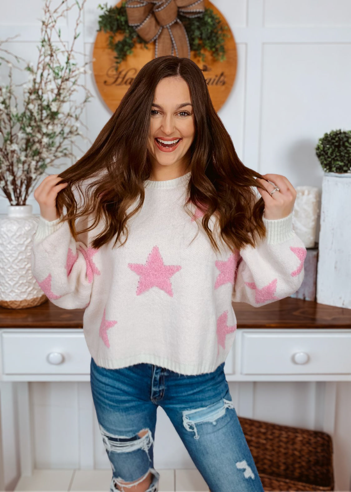 Happiness Trails Boutique - Ivory Sweater With Pink Stars