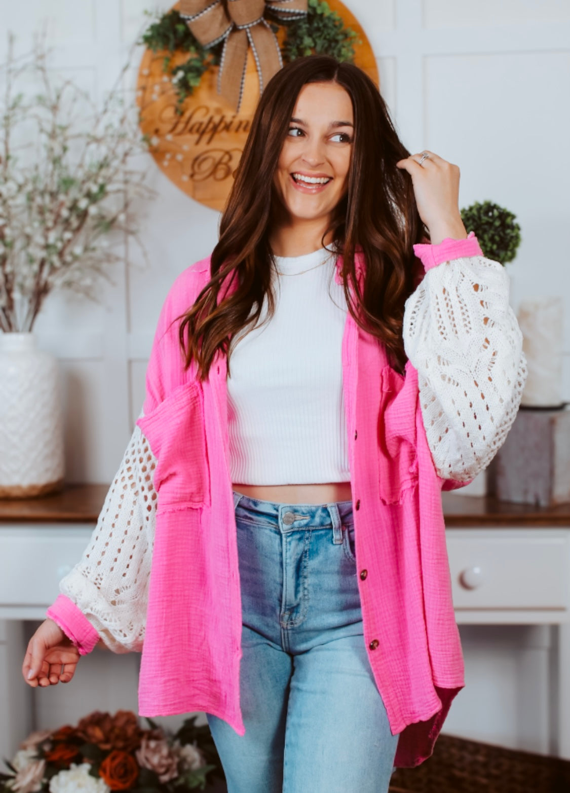 Pink Shacket with white crochet sleeves