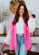 Pink Shacket with white crochet sleeves