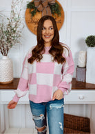 Happiness Trails Boutique - White Pink Checkered Sweater