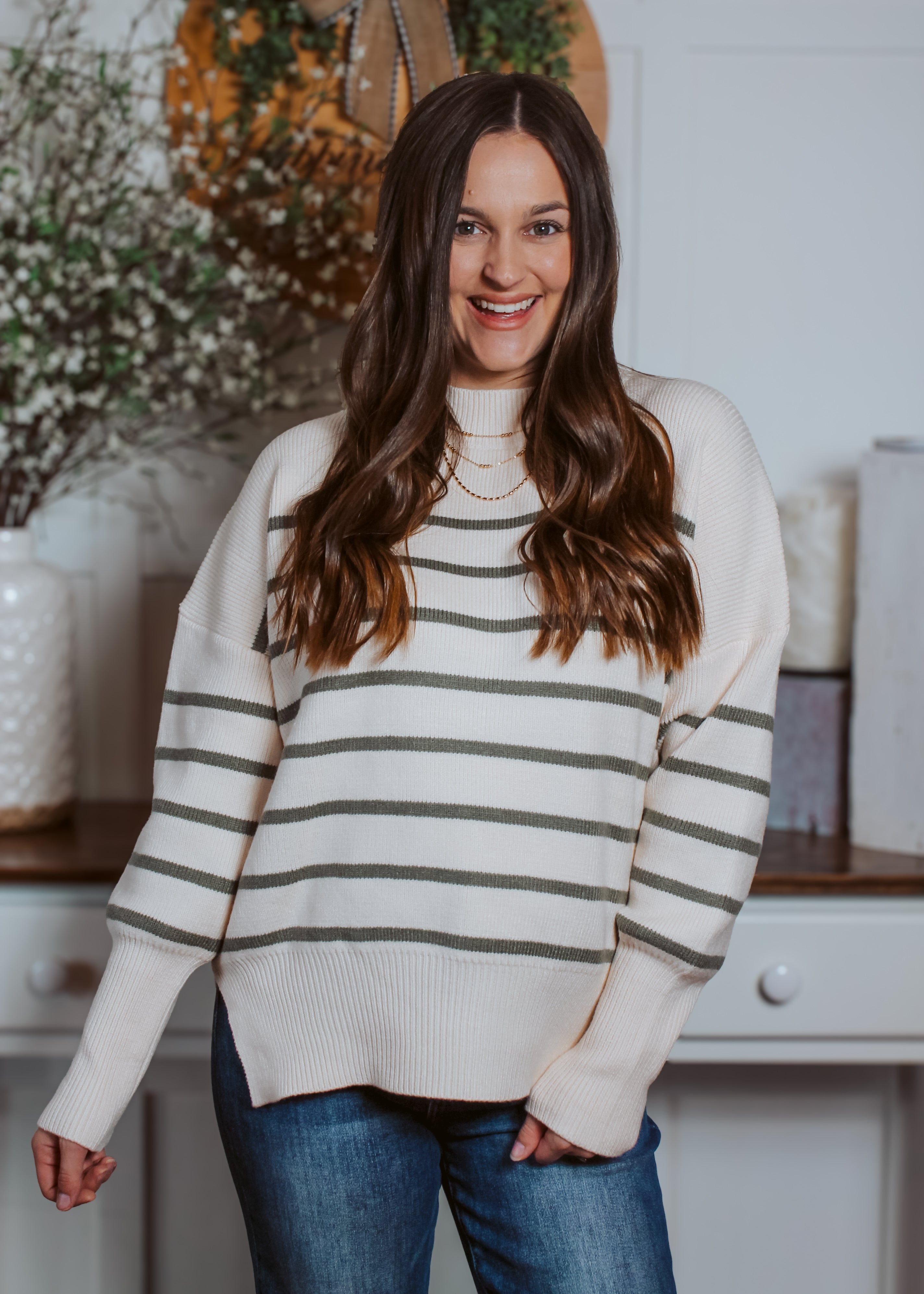 Happiness Trails Boutique - Ivory sweater with olive stripes