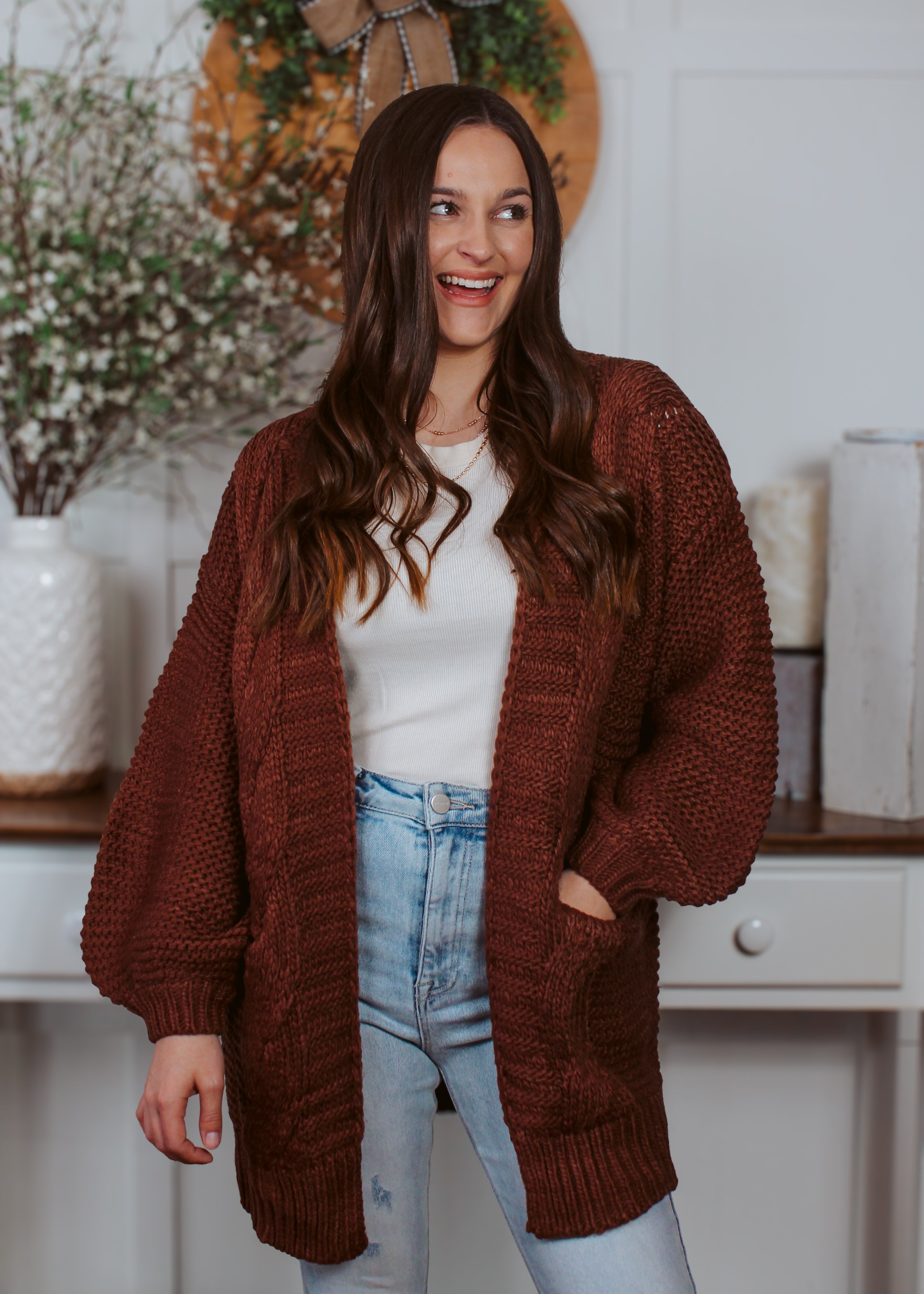 Happiness Trails Boutique - Brown chunky cable knit cardigan