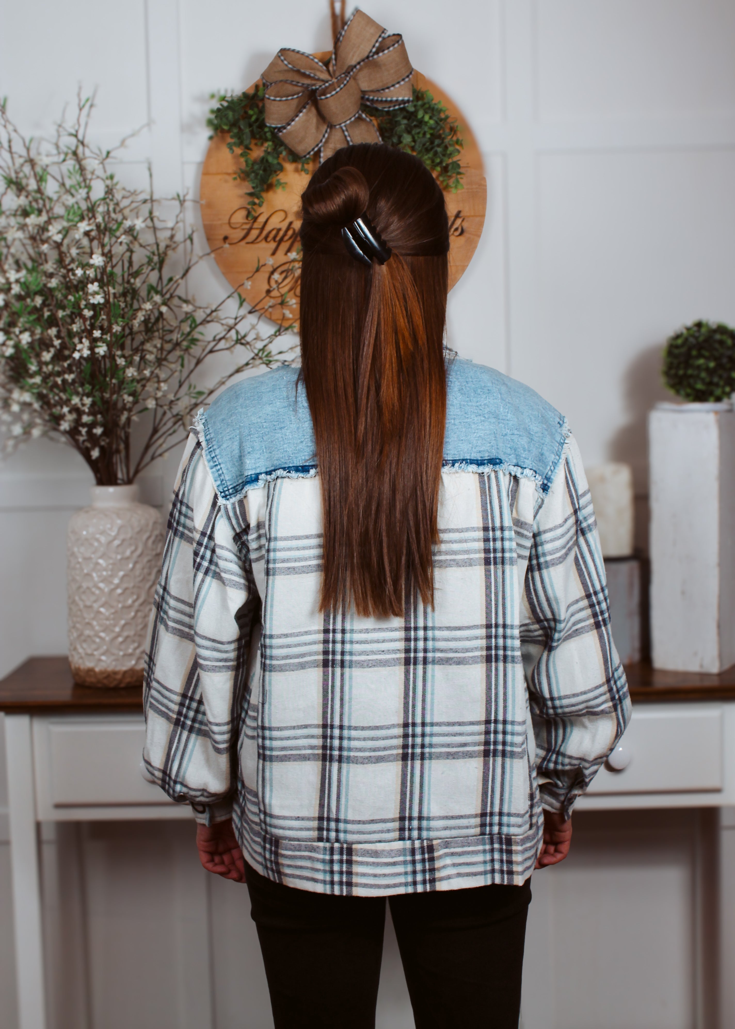 Happiness Trails Boutique - Plaid Mix Matched Washed Denim Jacket