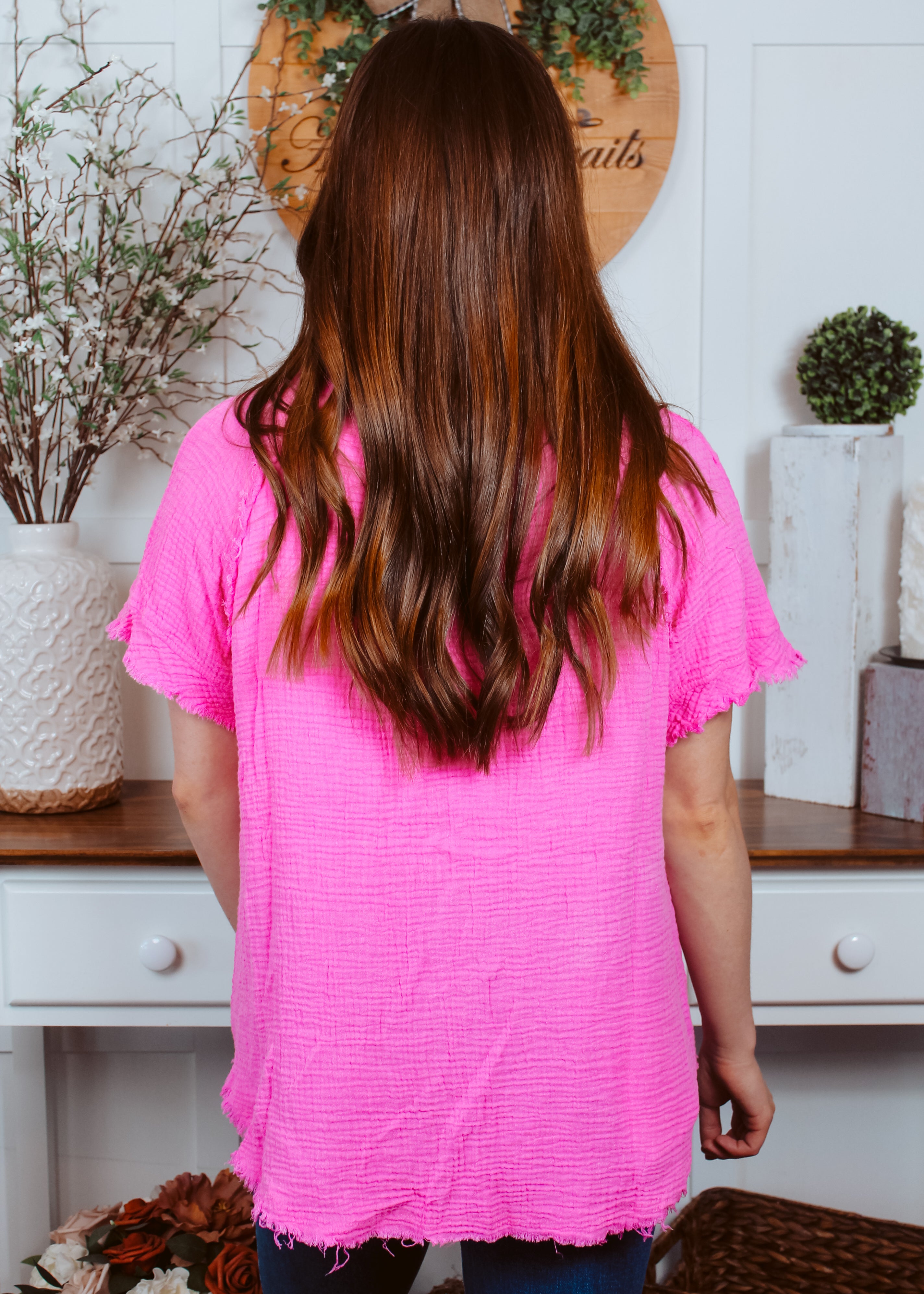Happiness Trails Boutique - Pink short sleeve button up top