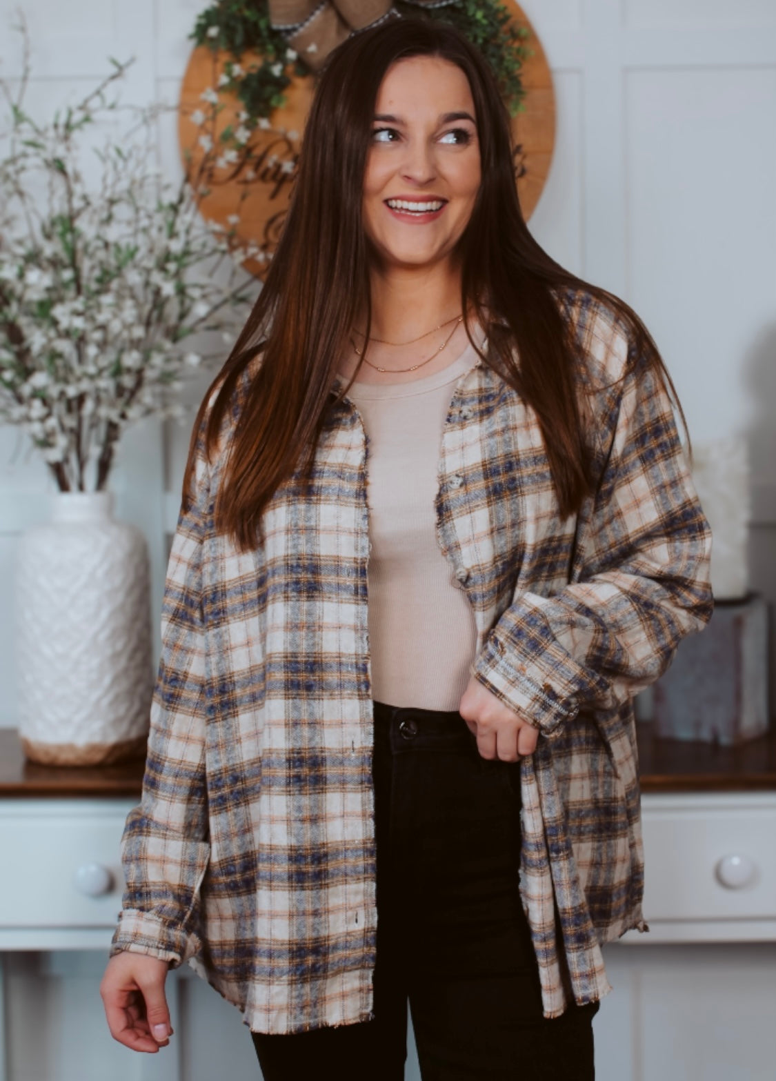 Happiness Trails Boutique - Tan and navy plaid shacket