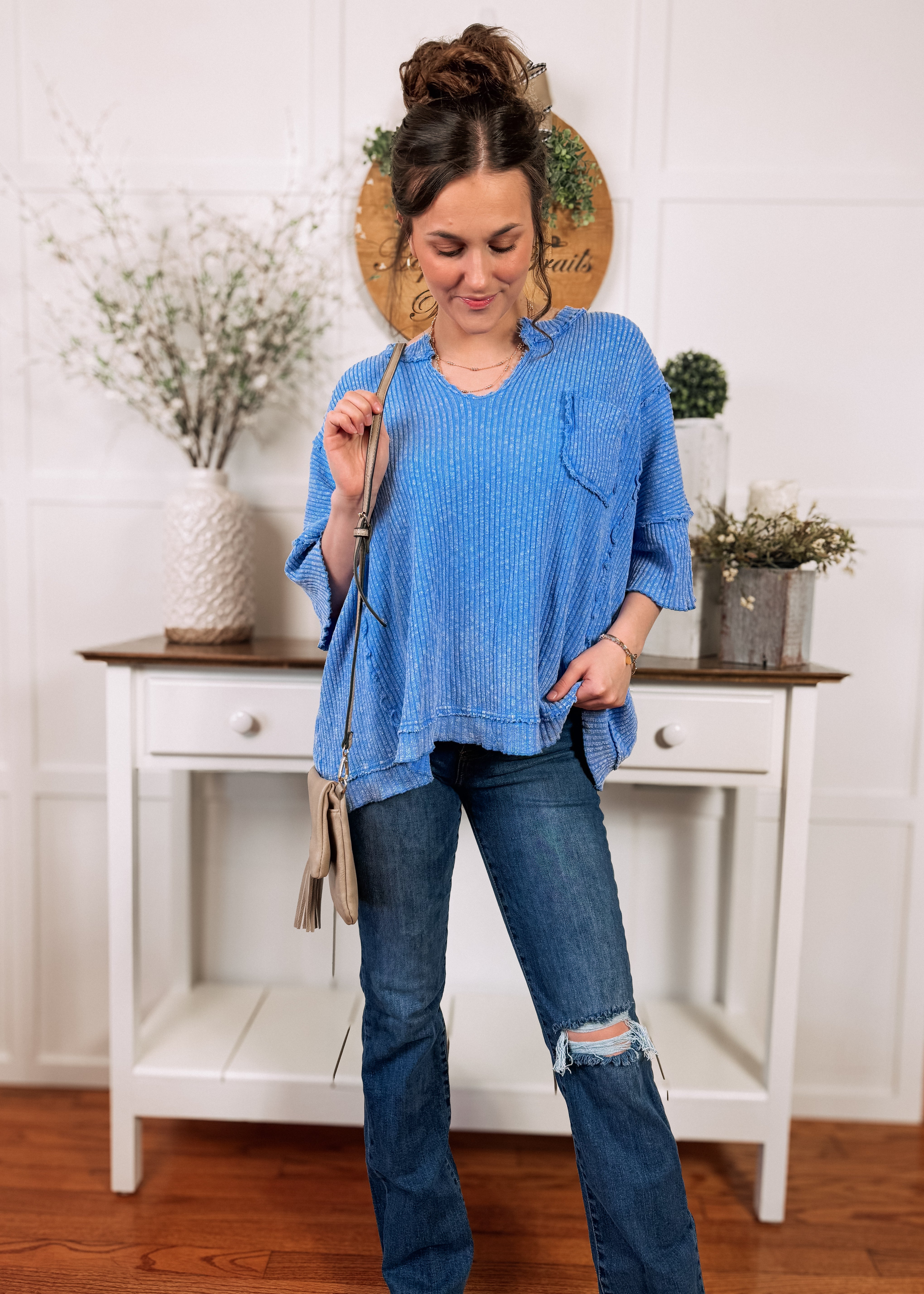 Happiness Trails Boutique - Blue short sleeve mineral wash knit top