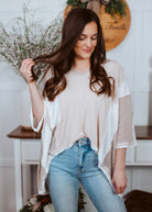 Oatmeal and white mixed fabric knit top