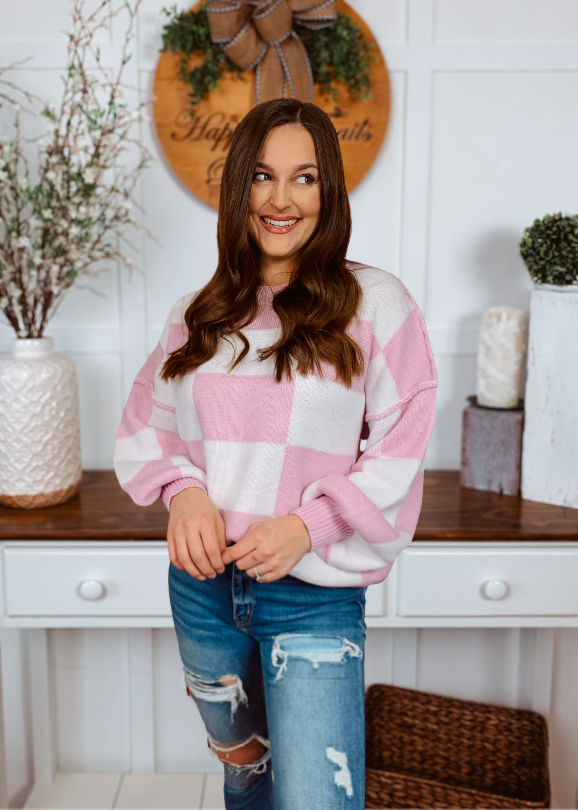 Happiness Trails Boutique - White Pink Checkered Sweater