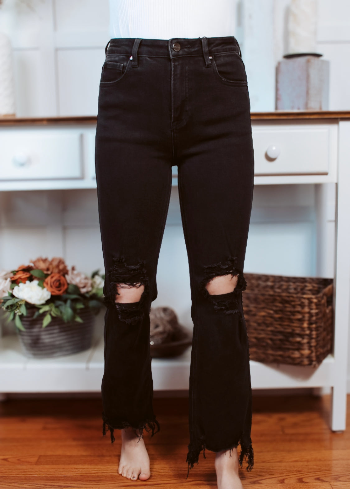 Happiness Trails Boutique - Risen black straight leg jeans with distressing and frayed hem