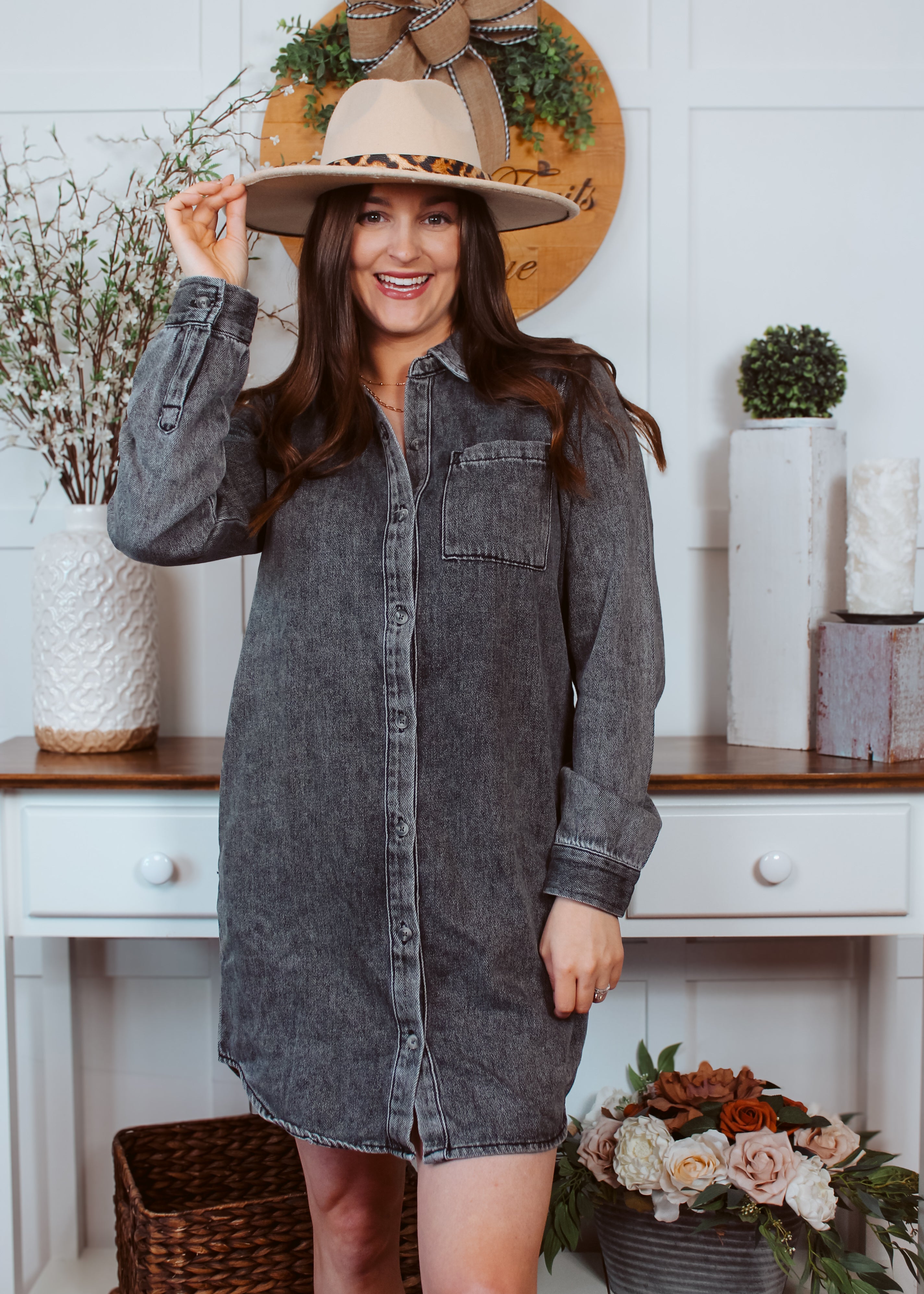 Happiness Trails Boutique - Black acid wash denim long sleeve dress