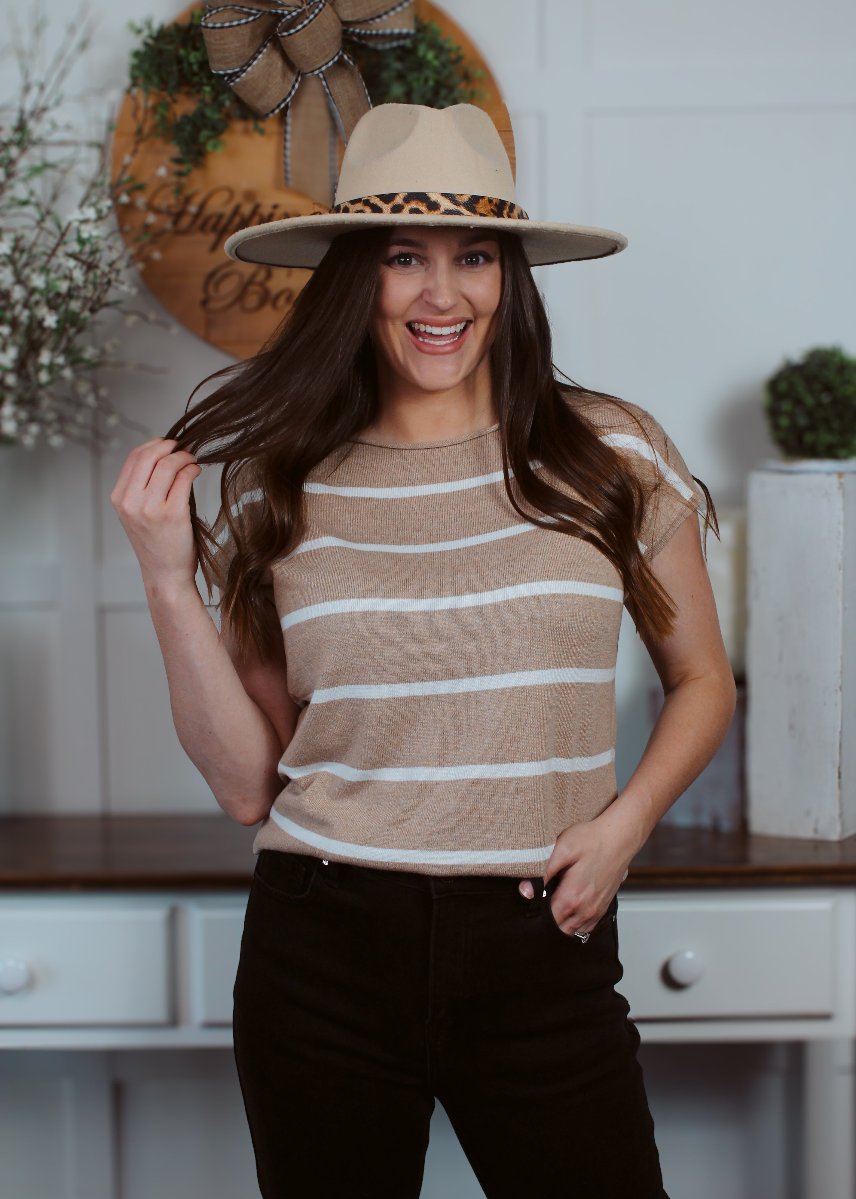 Happiness Trails Boutique - Taupe short sleeve top with white stripes