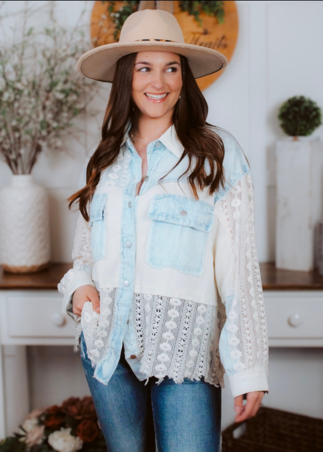 Denim and crochet fabric mix shacket