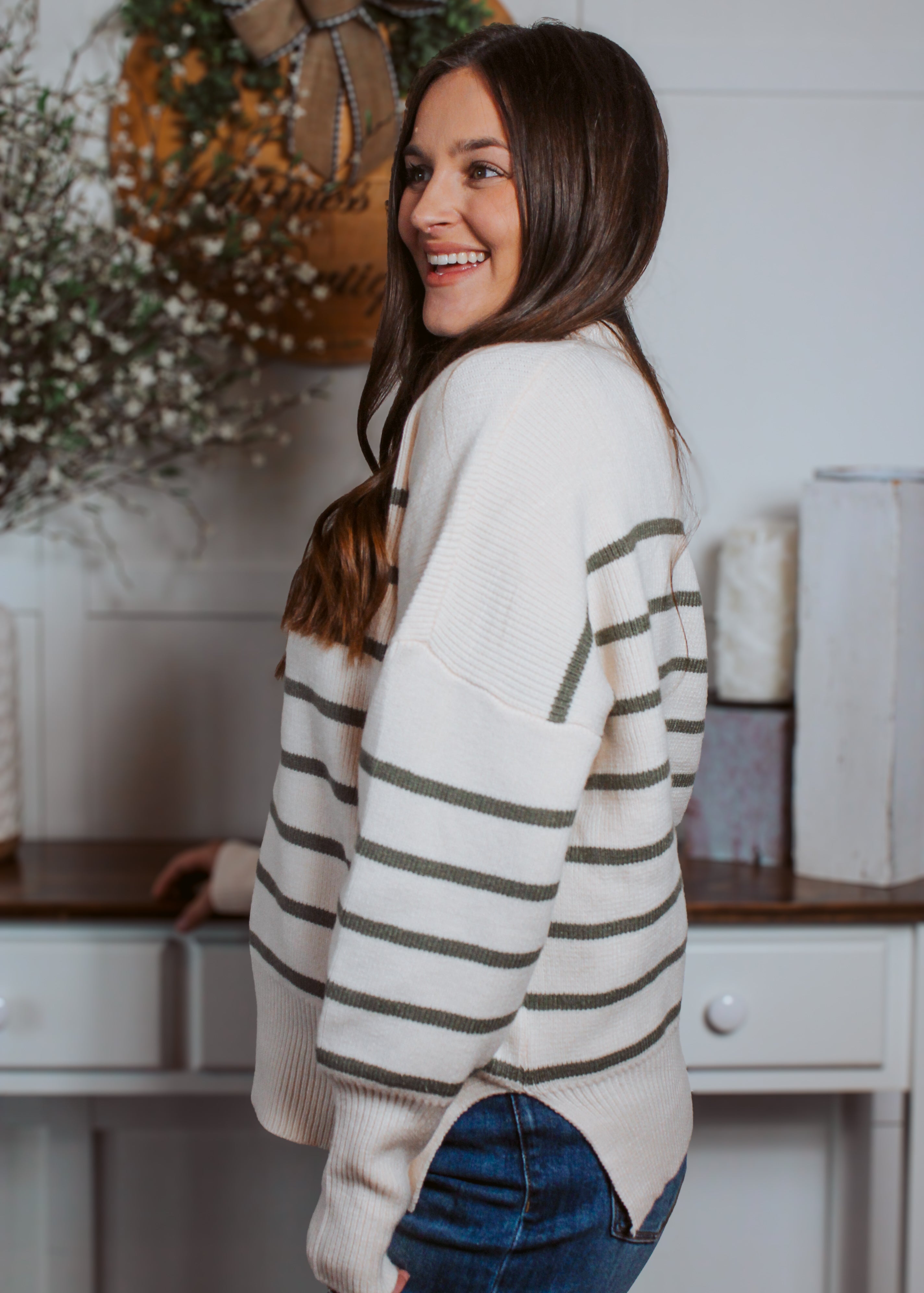 Happiness Trails Boutique - Ivory sweater with olive stripes