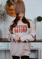 Happiness Trails Boutique - Autumn cozy season screen printed on a corded taupe sweatshirt