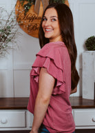 Happiness Trails Boutique - marsala ribbed knit top with ruffled sleeves