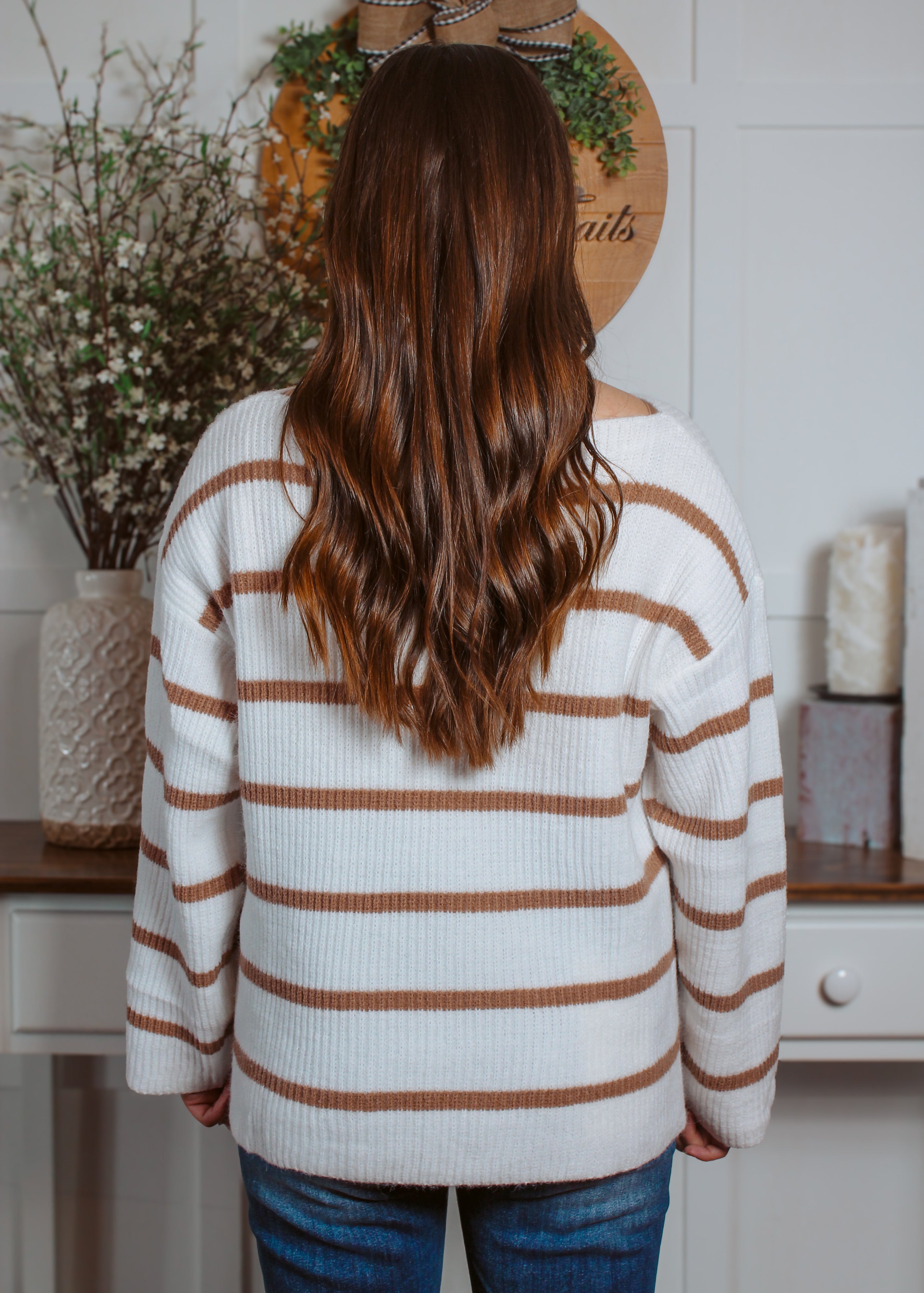 Happiness Trails Boutique - Ivory sweater with cocoa stripes