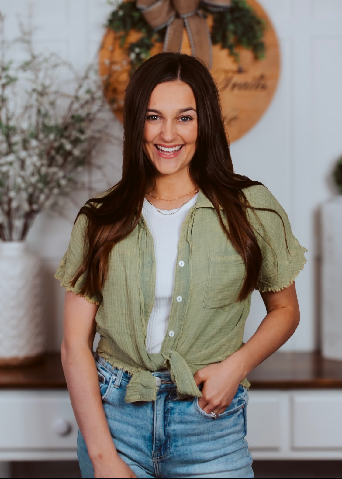 Happiness Trails Boutique - Olive button up top