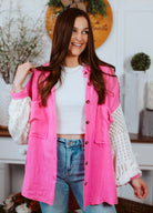 Pink Shacket with white crochet sleeves