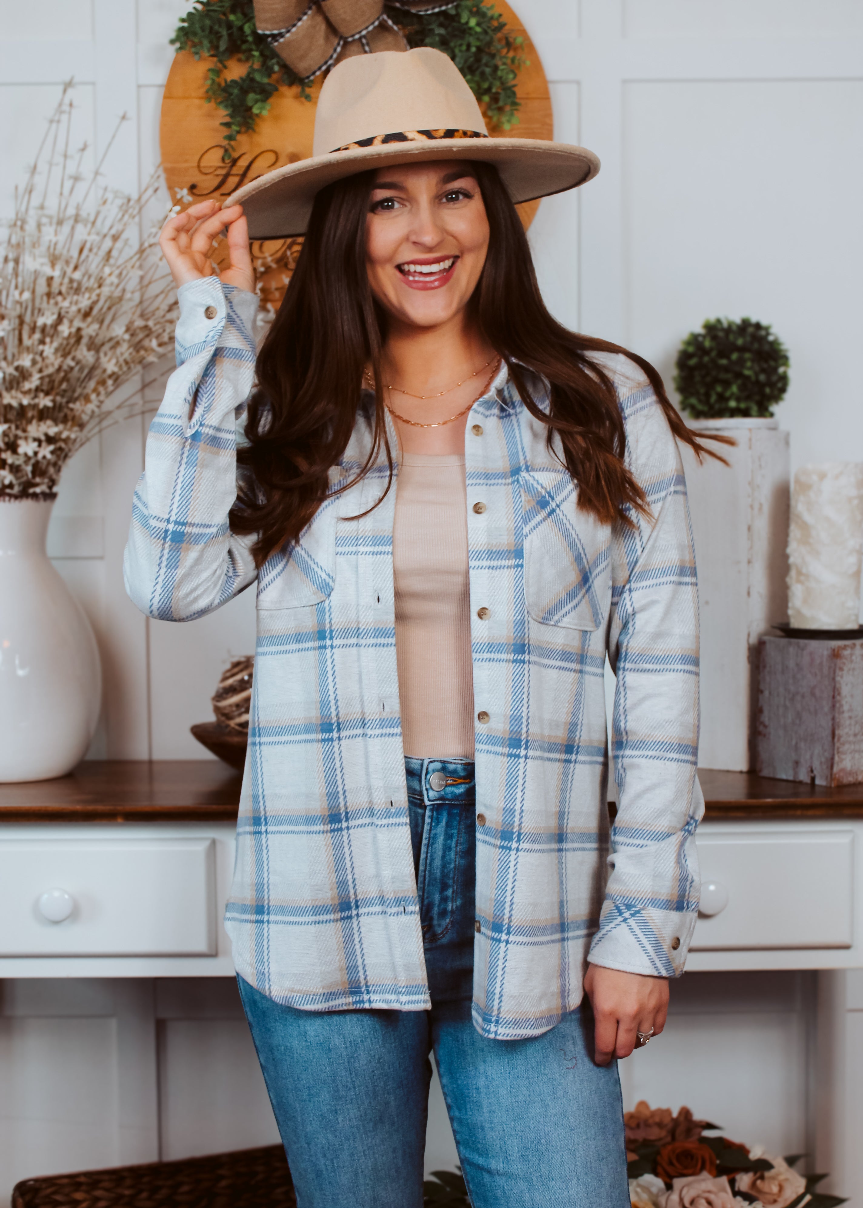 Happiness Trails Boutique - Cream/Blue Plaid Shacket