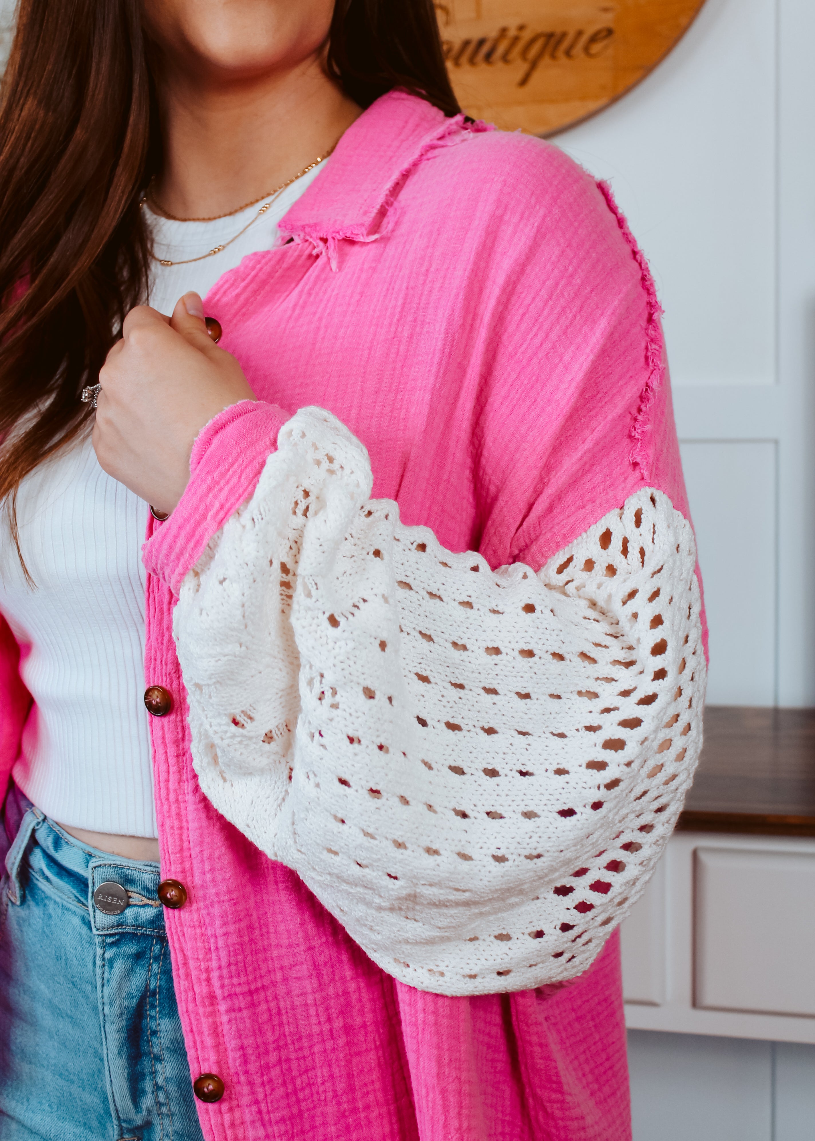 Pink Shacket with white crochet sleeves