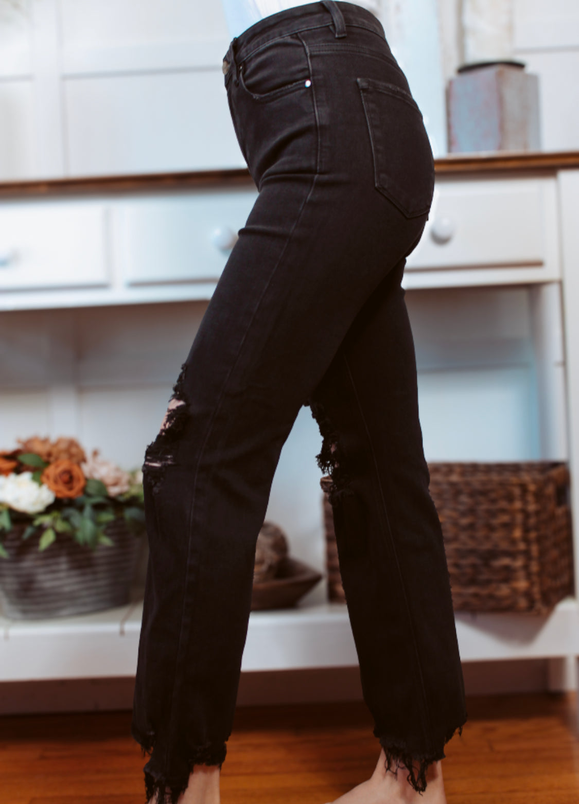 Happiness Trails Boutique - Risen black straight leg jeans with distressing and frayed hem