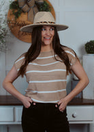 Happiness Trails Boutique - Taupe short sleeve top with white stripes