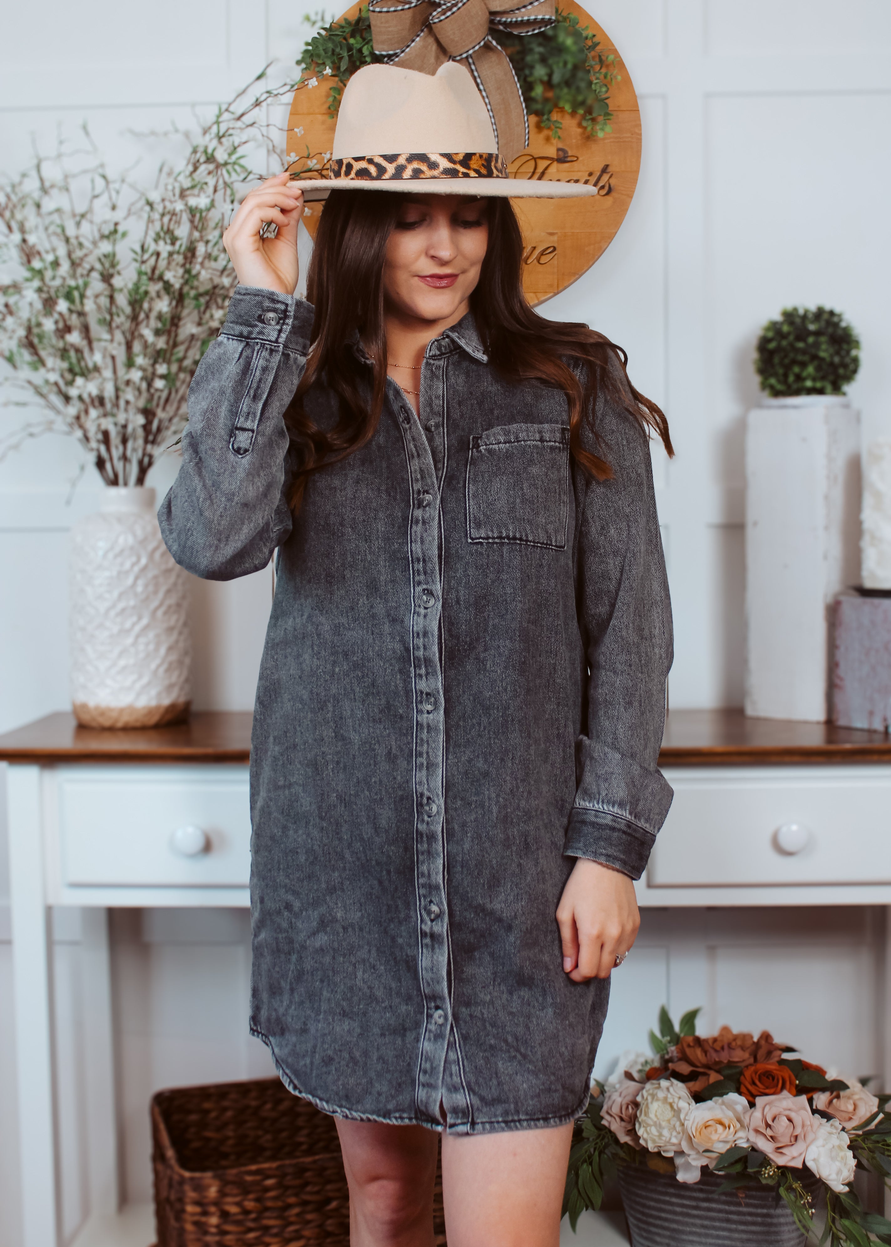 Happiness Trails Boutique - Black acid wash denim long sleeve dress