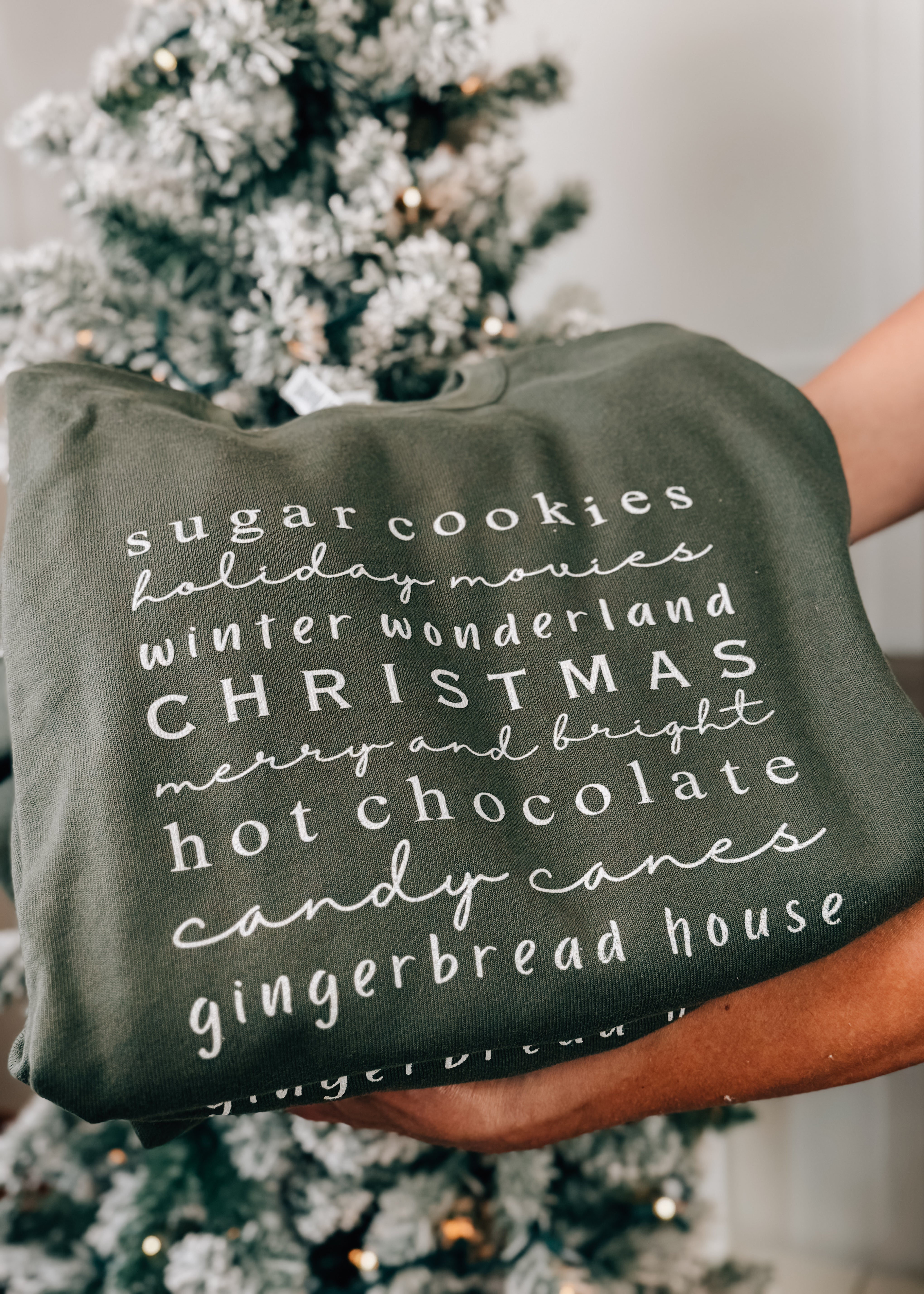 Happiness Trails Boutique - Christmas Sweatshirt with sugar cookies, holiday movies, winter wonderland, CHRISTMAS, merry and bright, hot chocolate, candy canes, gingerbread house