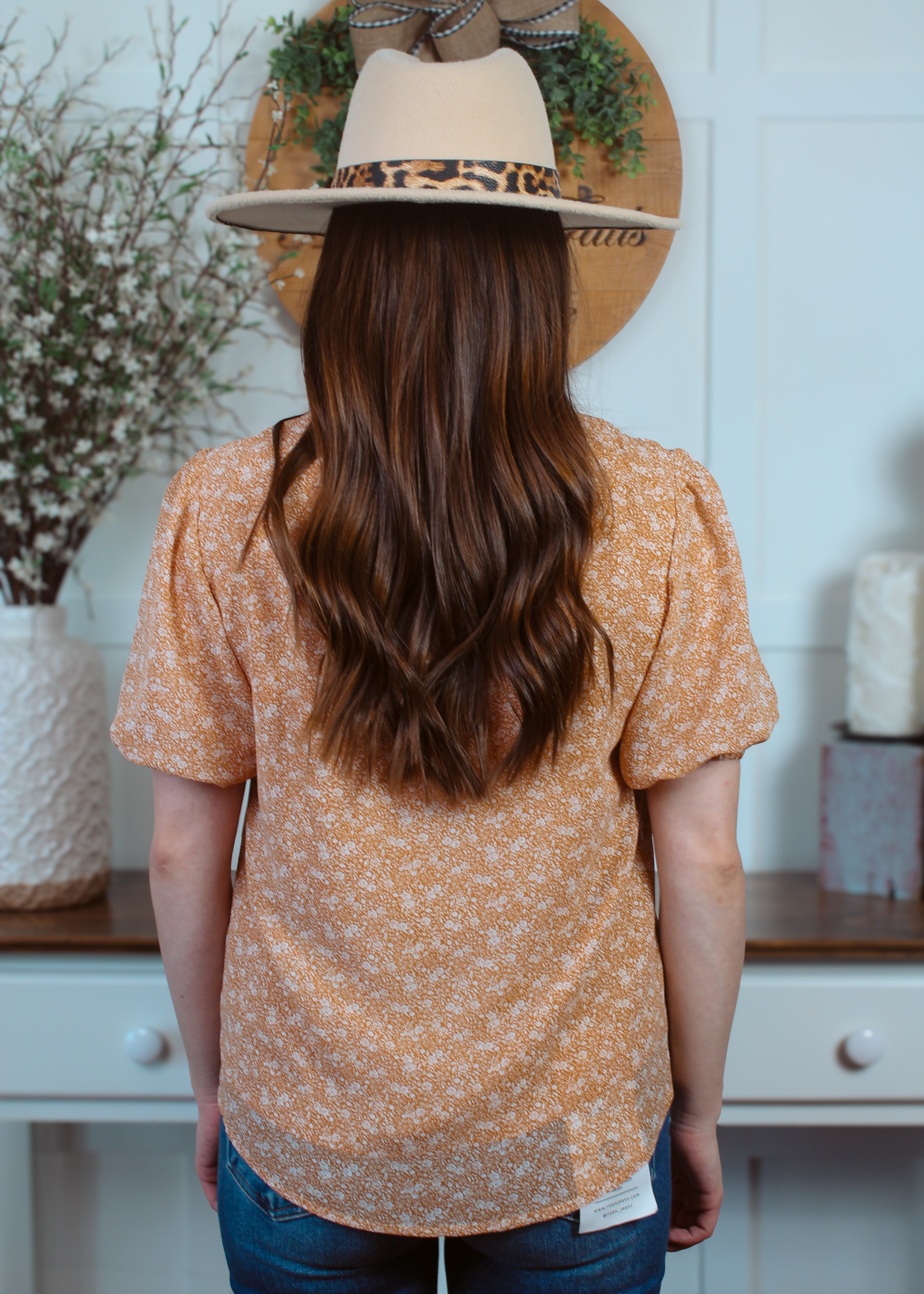 Happiness Trails Boutique - Camel floral short sleeve blouse