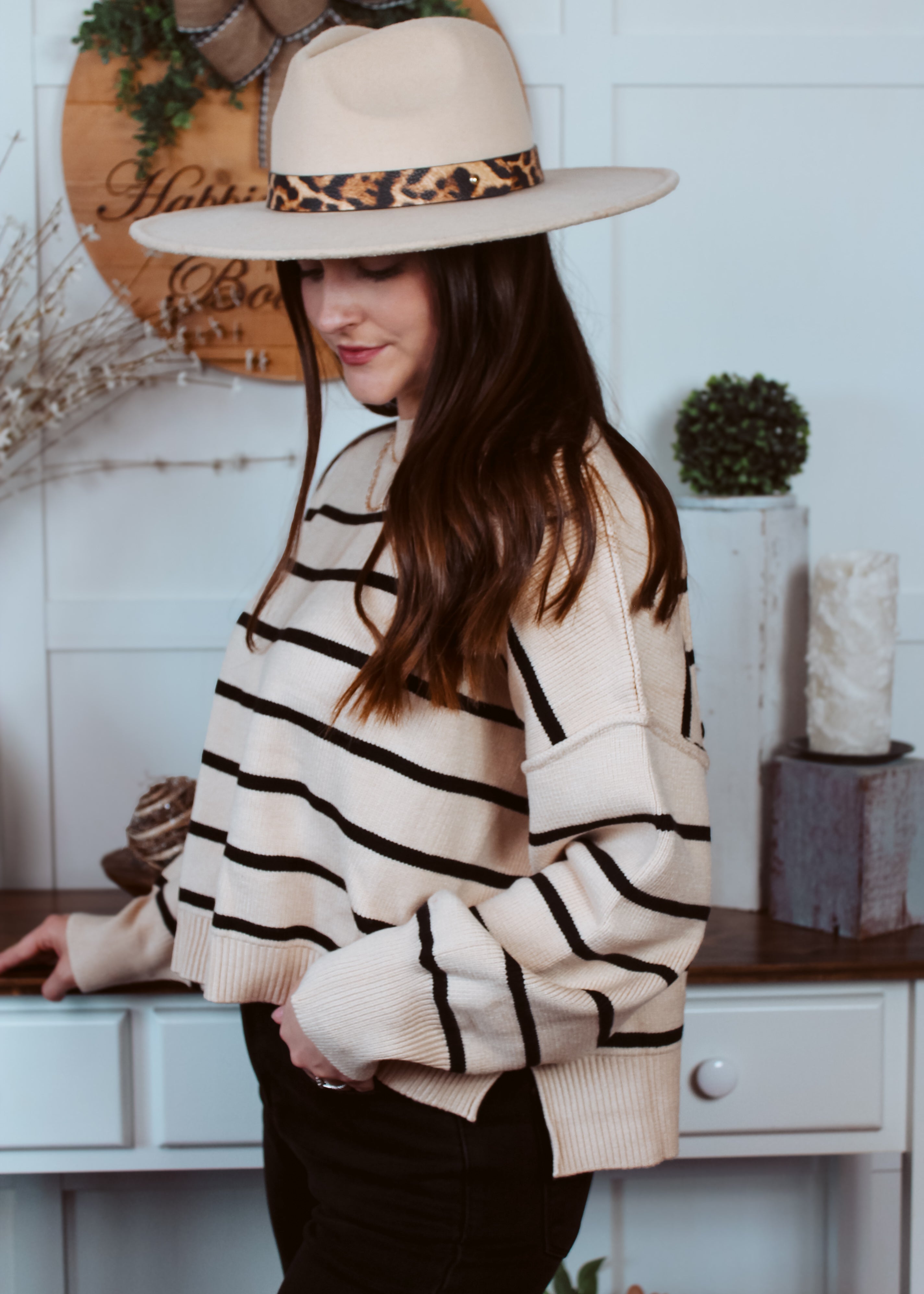 Happiness Trails Boutique - Taupe with black stripes sweater