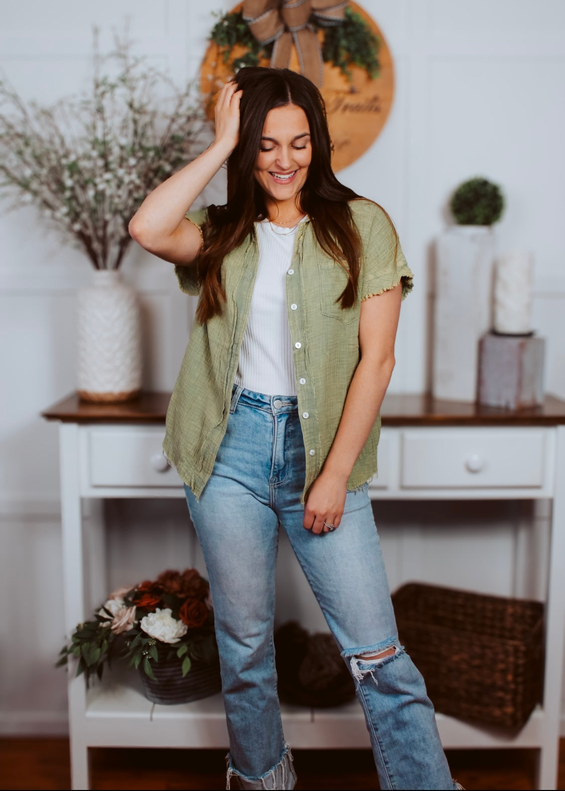 Happiness Trails Boutique - Olive button up top