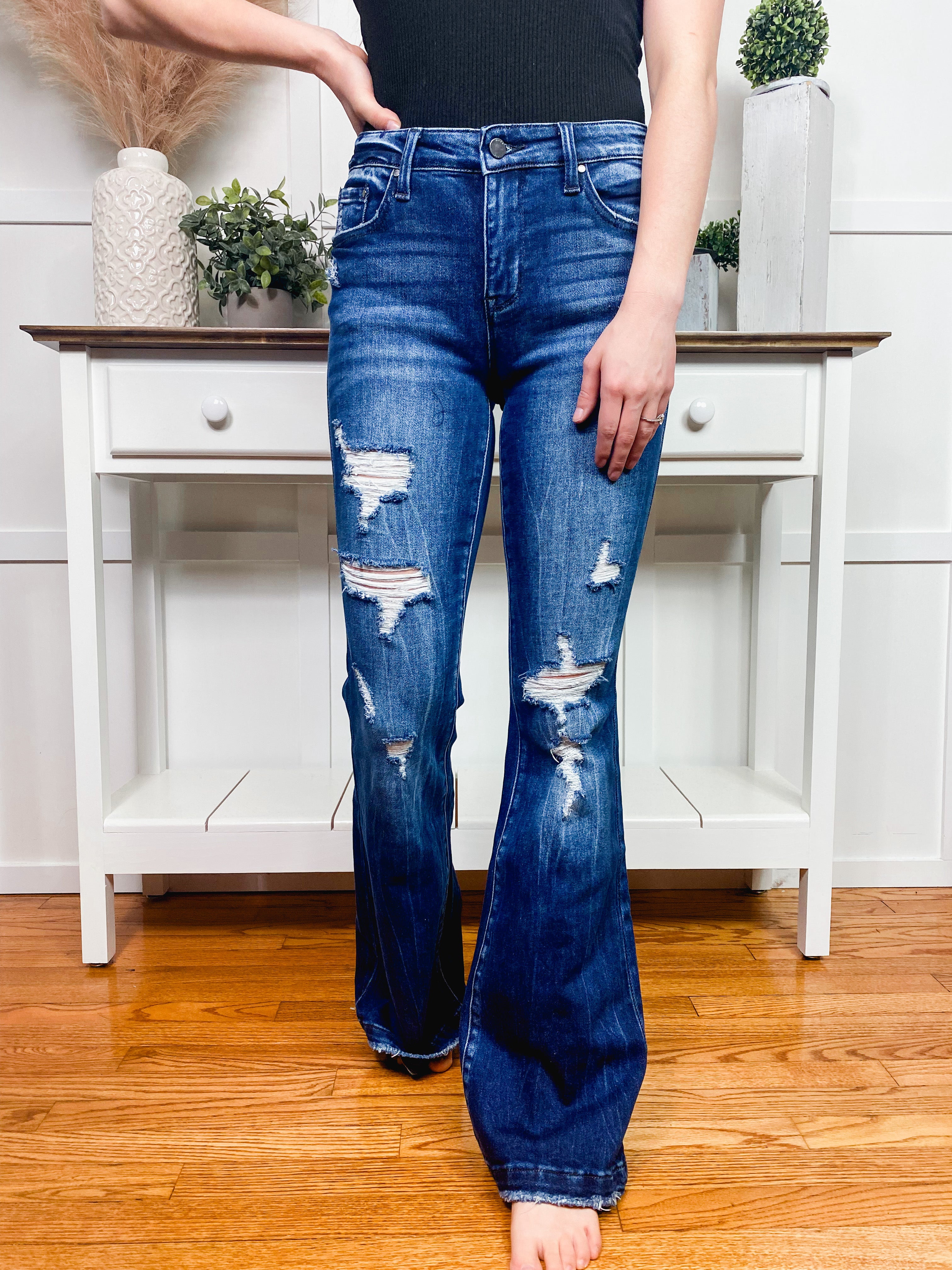 PETRA153 Kaitlyn High Rise Distressed Frayed Hem Super Flare Jeans